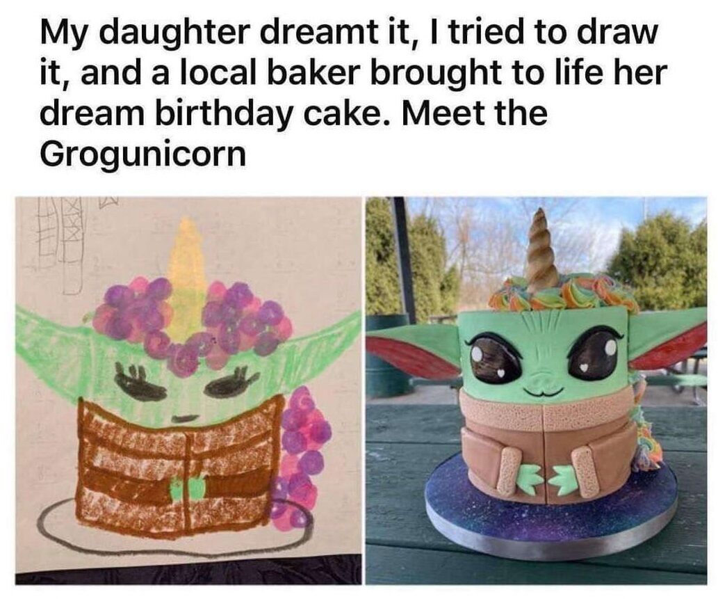 This side-by-side image displays a child's original drawing of a creative mashup character (Grogu/Baby Yoda from Star Wars combined with a unicorn, named Grogunicorn) on the left, and the finished custom birthday cake based on the drawing created by a local baker on the right. The top text explains the heartwarming backstory: a father's daughter dreamed up the character, the father drew the design based on her idea, and a local baker turned the child's imaginative concept into a real, beautifully made birthday cake that matches the drawing's details perfectly.