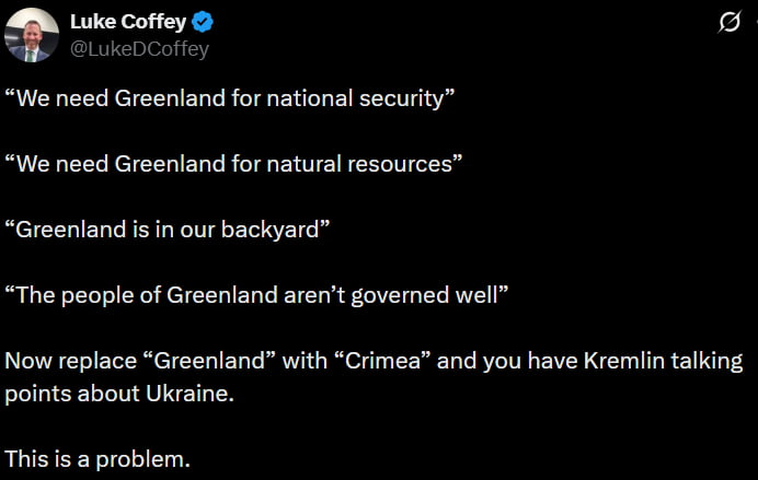 A screenshot of a Twitter/X post by Luke Coffey featuring four quotes about Greenland (claiming it's needed for national security, natural resources, being in the 'backyard,' and that its people are poorly governed). The post then argues that replacing 'Greenland' with 'Crimea' mimics Kremlin talking points about Ukraine, concluding 'This is a problem.'