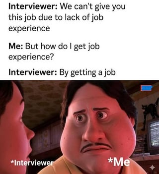 The meme features a text exchange depicting a frustrating job interview interaction at the top: the interviewer rejects the candidate for lacking job experience, and when the candidate asks how to obtain that experience, the interviewer replies they need to get a job first. Below the text is a still from the 2022 Pixar animated film *Turning Red*: the partially visible left character is labeled *Interviewer*, while the right character, labeled *Me*, has a wide-eyed, shocked, exasperated expression of disbelief. The joke satirizes the common, illogical catch-22 of modern entry-level job markets, where employers demand prior work experience even for roles targeted at first-time job seekers, trapping candidates in an impossible cycle.