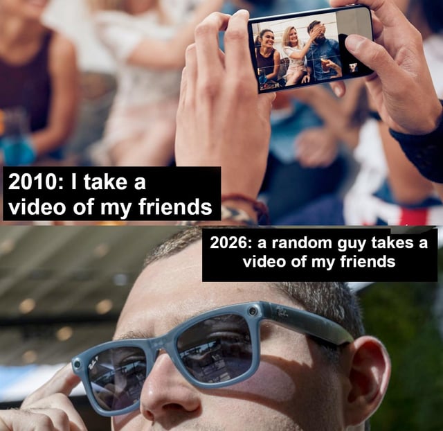 This is a two-panel comparative meme. The top panel is labeled 2010, showing a person holding up a smartphone to openly record a video of their own group of friends socializing together. The bottom panel is labeled 2026, showing a close-up of a stranger wearing camera-equipped smart glasses, implying that these discrete wearable devices are recording the first person's friends without their awareness or explicit consent. The joke highlights how public attitudes towards ubiquitous video recording have shifted over time, with once heavily criticized unconsented public recording now normalized as wearable tech becomes mainstream.