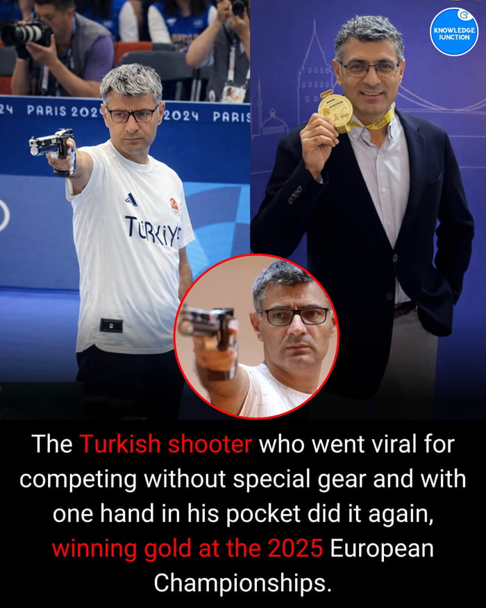 A collage image featuring two main photographs of a Turkish shooter. On the left, he is in a shooting competition wearing a white 'Türkiye' shirt with an Adidas logo, aiming a pistol with one hand while his other hand is in his pocket; the background shows 'Paris 2024' branding. On the right, he is dressed in a dark blazer and white shirt, proudly holding a gold medal around his neck, with a blue backdrop featuring a castle-like structure. A red circle highlights his hand gripping the pistol in the left image. Below the collage, text explains he went viral for competing without special gear and one hand in his pocket, then won gold at the 2025 European Championships.