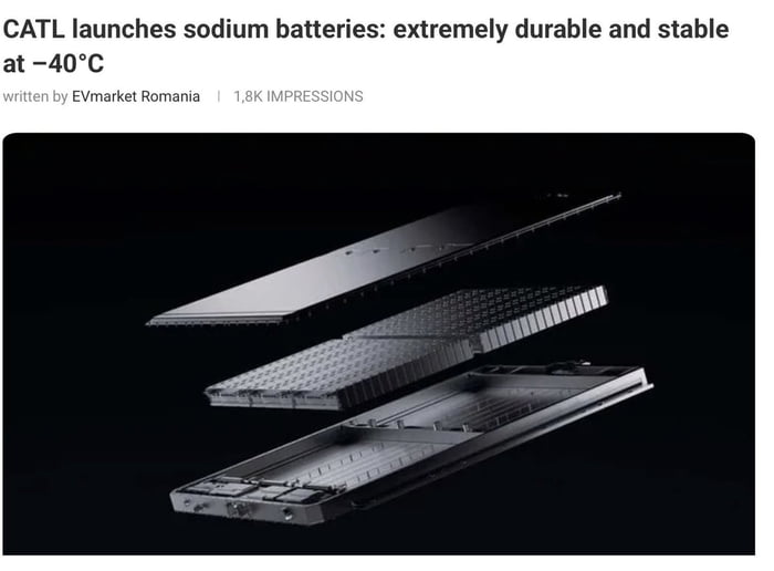 A screenshot of a news post shared on 9Gag, featuring the title 'CATL launches sodium batteries: extremely durable and stable at –40°C' with a byline 'written by EVMarket Romania' and '1,8K IMPRESSIONS'. Below the text is a high-quality technical image of a disassembled sodium battery, showcasing its layered internal structure and components, emphasizing the product's engineering details. The content highlights CATL's new sodium battery technology, focusing on key卖点 like durability and performance in extreme cold temperatures (-40°C).