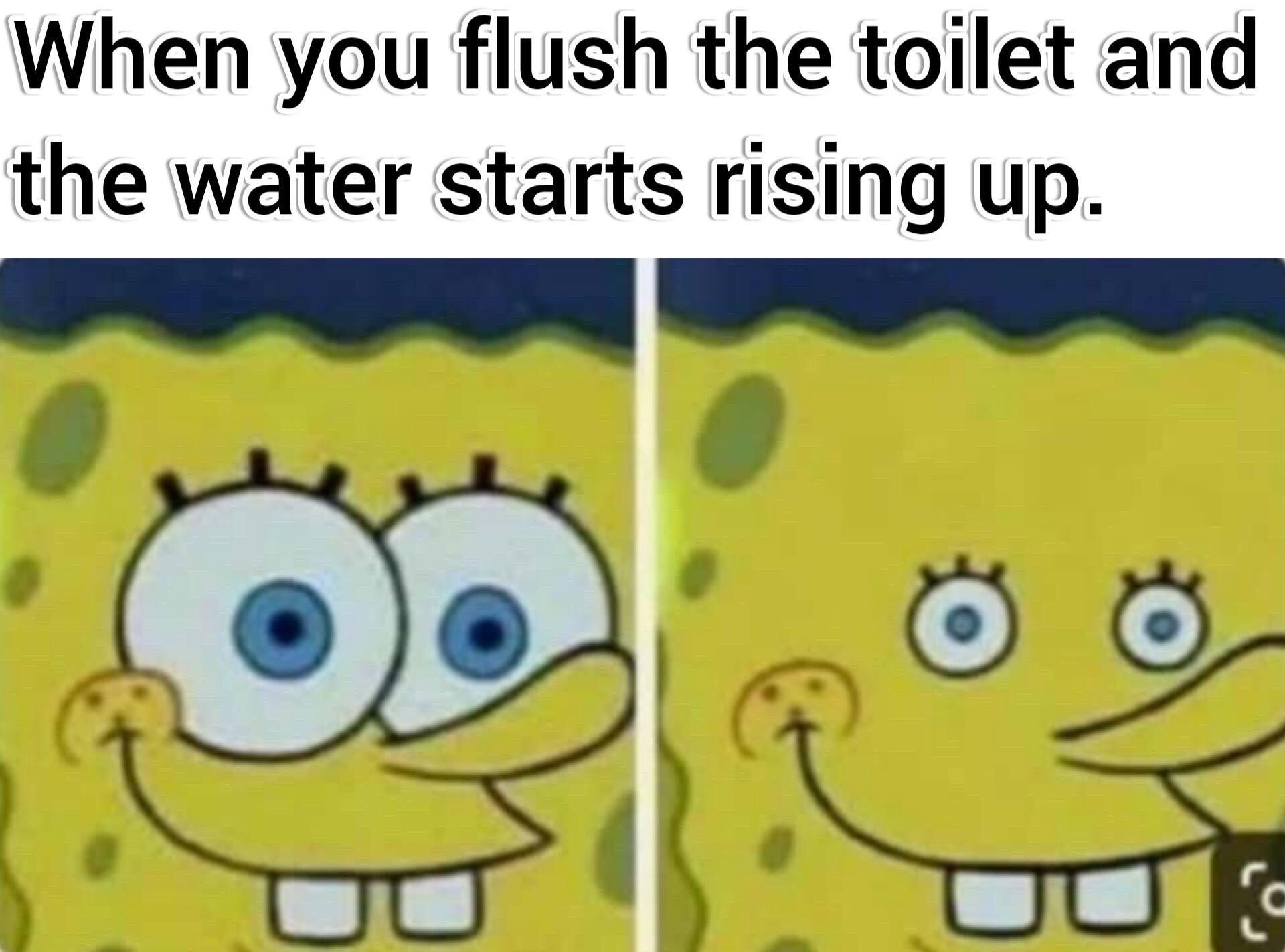 This is a two-panel relatable reaction meme. The top overlaid text states 'When you flush the toilet and the water starts rising up.'. The left panel shows SpongeBob SquarePants with wide, focused, tense eyes and a tight nervous smile, representing the split second of initial concern when you first see the toilet water level climb. The right panel shows SpongeBob's eyes widened further apart with a strained, frozen, panicked smile, capturing the growing dread and helpless panic when you realize the toilet is clogged and about to overflow, a common relatable household mishap.