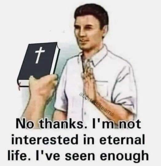 This is a dark humor reaction meme. It features a drawn illustration of a man in a short-sleeved collared shirt and tie holding his hands up in a polite refusal gesture, while an off-screen hand extends a black Holy Bible marked with a white cross towards him. The caption at the bottom reads "No thanks. I'm not interested in eternal life. I've seen enough." The joke comes from the cynical implication that the speaker has experienced so much suffering and disappointment in their current life that the concept of existing for eternity is unappealing, rejecting the common religious offer of eternal salvation as unwanted.