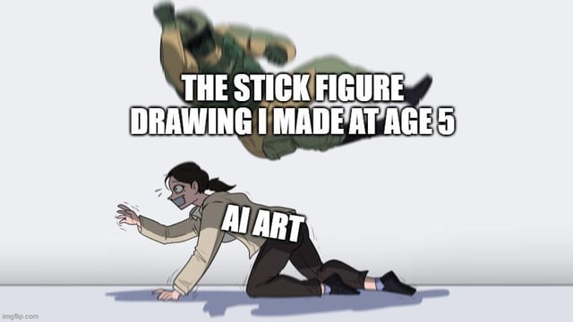 A meme image contrasting a child's crude stick figure drawing with AI-generated art. The top portion features a simple green stick figure with the text 'THE STICK FIGURE DRAWING I MADE AT AGE 5' floating above. Below, a distressed animated person kneels on the ground, reaching outward, with 'AI ART' written on their back. The composition visually embodies the original title's message: 'Poorly made human art >>>>>> soulless images', critiquing AI art as lacking the soul of human creation.