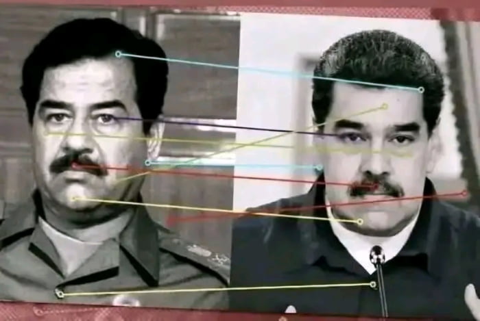 A satirical meme featuring a side-by-side comparison of two individuals, with colored lines connecting corresponding facial features (such as eyes, nose, mustache, and facial structure) to highlight their perceived resemblance to Saddam Hussein. The image humorously references the original title's implication that the U.S. might arrest anyone bearing a physical similarity to the former Iraqi leader, using visual exaggeration to emphasize facial likeness.