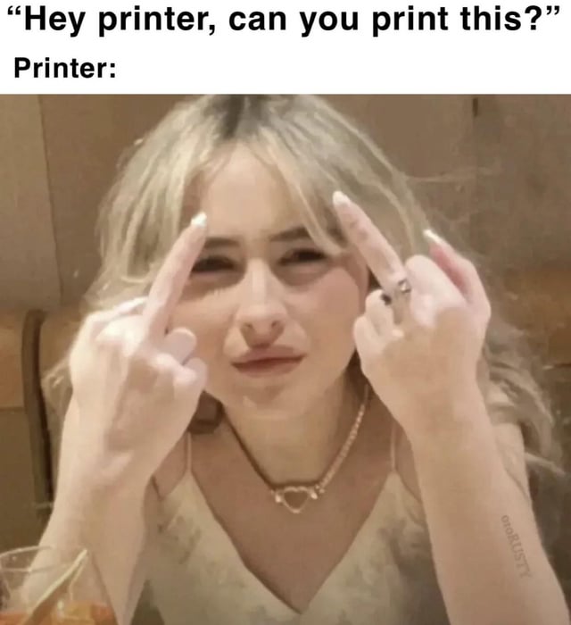 A meme featuring a real person with blonde hair wearing a necklace, making a sarcastic or unimpressed gesture by pointing both index fingers at their temples. The top text reads 'Hey printer, can you print this?' and the bottom text 'Printer:' frames the person as the printer's uncooperative response. The humor mocks the common frustration with household printers being technologically outdated and unreliable.
