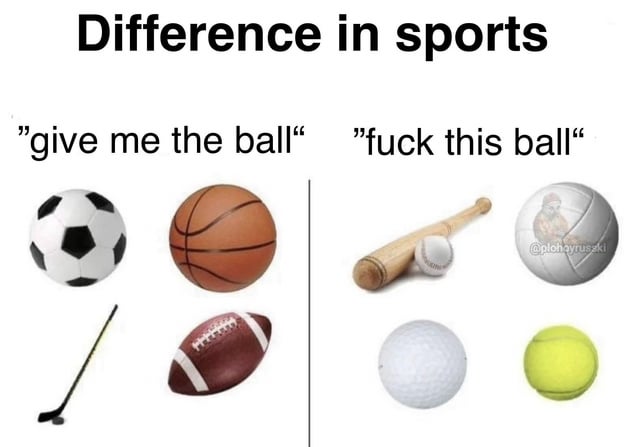 This is a humorous two-column comparison meme that jokes about the fundamental difference between groups of sports. The left column is labeled "give me the ball" and features equipment from sports where players aim to gain and keep possession of the ball/puck: a soccer ball, basketball, hockey stick with puck, and American football. The right column is labeled with the crude phrase "fuck this ball" and features equipment from sports where players aim to hit the ball away from themselves: a baseball bat with baseball, volleyball, golf ball, and tennis ball. The joke relies on the blunt, relatable contrast between the two categories of sports to be humorous.