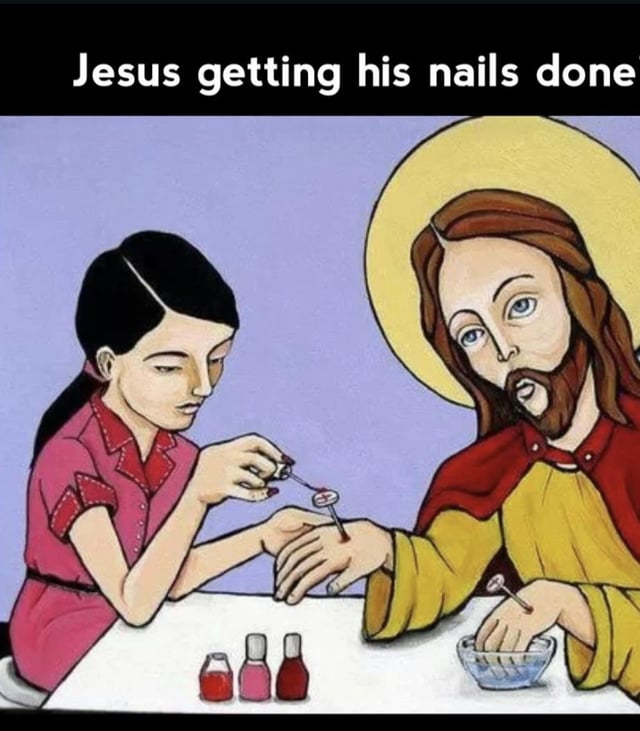 A humorous illustration depicting Jesus Christ, recognizable by his yellow halo, brown hair, and beard, sitting at a table while a woman with black hair in a ponytail (wearing a pink shirt) applies red nail polish to his hand. On the table are three small nail polish bottles (red, pink, red) and a small bowl. The text 'Jesus getting his nails done' is displayed at the top, creating a satirical juxtaposition of a religious figure engaging in a mundane, everyday activity (a manicure). The background is a solid light purple, keeping focus on the two characters and the nail care setup.