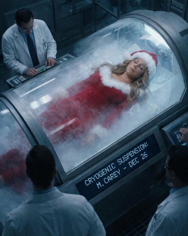 A meme image depicting Mariah Carey lying in a cryogenic suspension chamber, dressed in a red Santa Claus outfit with white fur trim and a matching Santa hat. She appears to be in a state of stasis, with her eyes closed and body relaxed. The chamber is cylindrical with a transparent lid, emitting a misty, icy fog. Three individuals wearing white lab coats (presumed scientists or medical personnel) surround the chamber; one is operating control panels on the side. A digital display on the chamber reads: 'CRYOGENIC SUSPENSION: M. CAREY - DEC 26'. The humor stems from the internet joke that Mariah Carey's iconic Christmas song 'All I Want for Christmas Is You' is overplayed annually starting in early December, with the meme humorously suggesting she is cryogenically frozen until December 26th (the day after Christmas) as a playful exaggeration of her association with the holiday season.