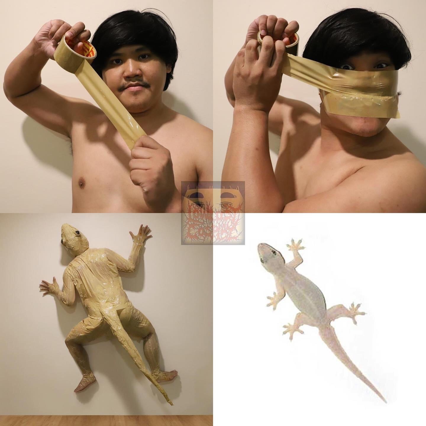 This is a 4-panel comedic low-budget cosplay meme. The first panel shows a shirtless man holding a roll of tan packing tape, looking directly at the viewer with a neutral, determined expression. The second panel shows the man stretching a strip of the packing tape over his mouth, with wide, exaggerated eyes. The third panel reveals the final cosplay: the man is fully wrapped in tan packing tape, wearing a small gecko head prop and a tape-made tail, posed pressed against a plain wall mimicking a gecko clinging to a vertical surface. The fourth panel is a reference image of a common house gecko, showing the cosplay perfectly matches the gecko's pose and coloration using only cheap household materials.