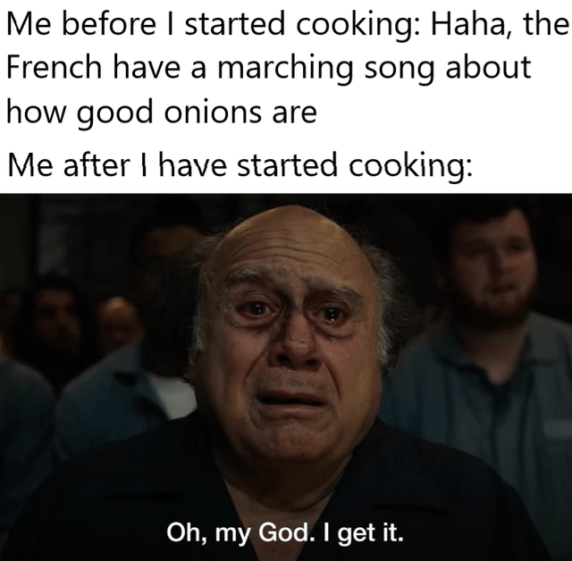 A meme structured with two text sections and an image. The top text reads: 'Me before I started cooking: Haha, the French have a marching song about how good onions are,' mocking the idea of onions being celebrated. The bottom section features an image of a real man with a shocked, tearful expression, accompanied by the text: 'Me after I have started cooking: Oh, my God. I get it.' The humor stems from the relatable realization that onions, while praised, cause intense tearing when chopped, making the French appreciation suddenly understandable through firsthand experience.