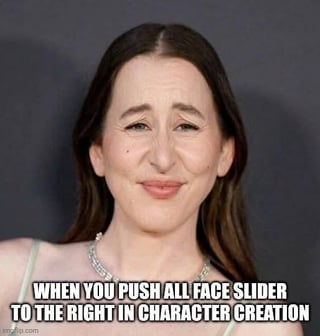 This meme features a close-up photo of real actress Erin Darke with an exaggerated, elongated, unusual facial expression featuring furrowed brows and a strained smirk. Bold white text is overlaid at the bottom of the image, reading "WHEN YOU PUSH ALL FACE SLIDER TO THE RIGHT IN CHARACTER CREATION". The joke draws a humorous comparison between the woman's distorted-looking facial features in this photo and the absurd, overexaggerated custom character models that players often create in video games when they max out every available facial adjustment slider to its highest possible value during the character customization process.