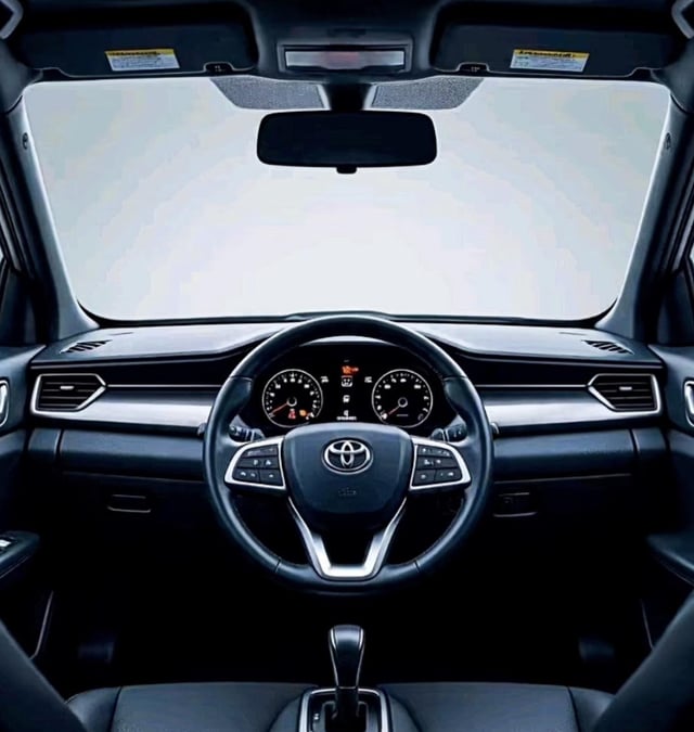 The image depicts the front interior of a Toyota car, focusing on the dashboard and steering wheel. The steering wheel prominently features the Toyota logo at its center, with integrated control buttons. Behind the wheel is the instrument cluster, displaying speedometer and tachometer gauges. The dashboard has a sleek, modern design with air vents on either side and a clean, uncluttered layout. The center console includes a gear shift, and the seats are upholstered in dark material. The windshield shows a bright, overcast sky, suggesting daytime.