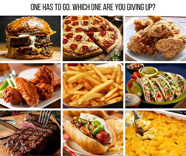 This is an interactive social media meme arranged as a 3x3 grid of 9 popular Western comfort and fast foods: a double cheeseburger, pepperoni pizza, breaded fried chicken, buffalo wings, french fries, loaded tacos, grilled steak, a topped hot dog, and baked macaroni and cheese. At the top of the image, the text asks viewers the question: "ONE HAS TO GO. WHICH ONE ARE YOU GIVING UP?", prompting audiences to pick one of these beloved foods to eliminate, driving discussion and engagement in comments.
