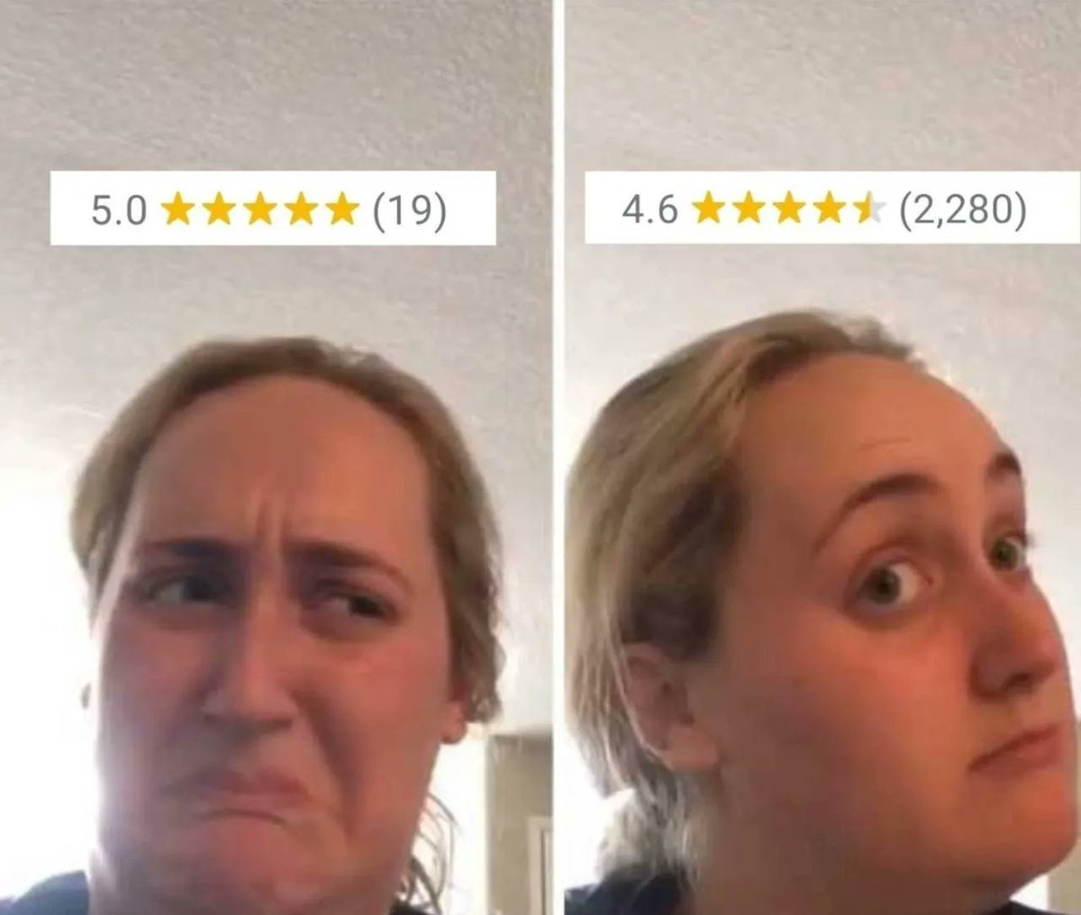 This is a two-panel reaction meme. The left panel features a blonde woman with a furrowed brow, frowning, looking extremely skeptical and unimpressed, paired with an online product rating of 5.0 out of 5 stars that only has 19 total reviews. The right panel shows the same woman looking satisfied, approving, and trusting, paired with an online product rating of 4.6 out of 5 stars that has 2,280 total reviews. The comedic premise reflects common real-world online shopping behavior: consumers generally distrust perfect 5-star ratings with very few reviews, as they are often perceived as fake or biased, while slightly lower high ratings with thousands of reviews are considered more credible and trustworthy.