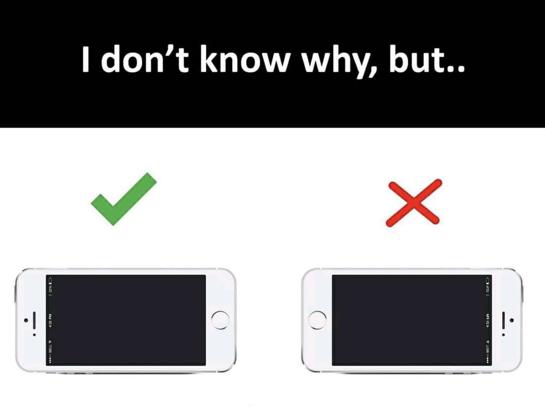 The meme features a black header with the text 'I don't know why, but..' in white font. Below the header, a side-by-side comparison is displayed: the left side shows a white older model iPhone held horizontally with the home button on the right, marked with a green checkmark indicating this is the 'correct' preferred orientation. The right side shows the same model iPhone held horizontally with the home button on the left, marked with a red cross indicating this orientation is considered wrong, even though smartphone screens auto-rotate to function either way. The joke highlights the arbitrary, unspoken strong preferences many people hold for minor everyday tech use habits with no logical justification.