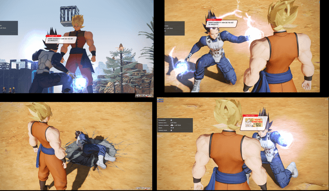 This is a 4-panel gaming meme featuring characters from the Dragon Ball franchise. The first panel shows Vegeta charging a blue energy attack while facing an extremely over-muscled, overpowered version of Goku nicknamed "Swoleku" in a rocky open game environment. The second panel shifts to a sandy terrain, where Vegeta prepares to launch the attack at Swoleku, who is standing still facing away from him. The third panel shows Vegeta completely defeated, laying in a crater in the sand, while Swoleku stands over him completely unharmed. The fourth panel shows Vegeta kneeling in front of Swoleku, not preparing another attack, but holding up a common in-game "POWER SURVEY" feedback popup, implying he is unable to defeat Swoleku via combat and is instead resorting to reporting him as overpowered via the game's survey system. The joke relies on relatable gaming experiences of encountering unbeatable overpowered opponents and the ubiquitous annoying in-game survey prompts in modern video games.