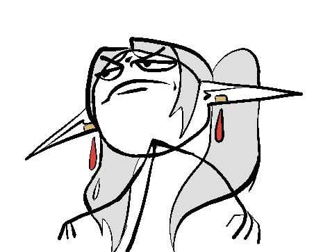 A simple black and white line drawing of an animated character with pointed ears, long flowing hair, and red teardrop-shaped earrings. The character appears to be annoyed or frustrated, with furrowed brows, narrowed eyes, and a slight frown, head tilted back slightly as if looking upwards in exasperation. The drawing style is minimalistic, using basic lines without shading, focusing on the character's facial expression and distinct features like the pointed ears and earrings.