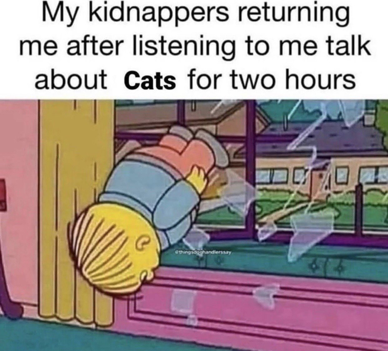 This relatable humor meme has two core components: the text at the top reads 'My kidnappers returning me after listening to me talk about Cats for two hours', paired with a screenshot from the animated series The Simpsons of the character Ralph Wiggum being thrown headfirst through a shattered glass window. The gag is self-deprecating, targeted at people who are extremely passionate about cats: it jokes that the poster rambles about cats so excessively that even their kidnappers find them too annoying to keep hostage, choosing to violently eject them instead of holding them for ransom.