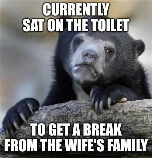 A meme featuring a black bear with a sullen, resigned expression leaning on a log. The top text reads 'CURRENTLY SAT ON THE TOILET' and the bottom text reads 'TO GET A BREAK FROM THE WIFE'S FAMILY'. The humor lies in the relatable scenario of using the bathroom as an excuse to escape social interactions, anthropomorphizing the bear to convey human-like frustration with family gatherings.