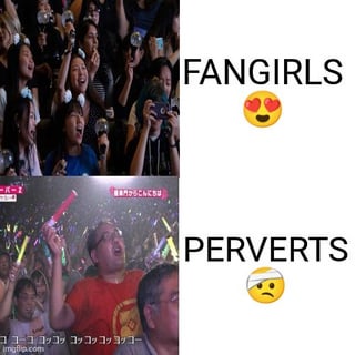 This two-panel comparison meme contrasts the reactions of two distinct groups at live events for humorous, stereotype-driven effect. 

The top panel features a crowd of young women labeled **FANGIRLS** paired with a heart-eyes 😍 emoji: they are cheering enthusiastically, holding lightsticks, and taking photos, displaying joyful, excited energy typical of K-pop or idol concert audiences. 

The bottom panel shows a middle-aged man labeled **PERVERTS** paired with a pained/awkward 😣 emoji: he holds a pink lightstick, with a shocked, wide-eyed, distressed expression, looking upward. The meme exaggerates stereotypes to frame a contrast between genuine fan excitement and implied inappropriate, lecherous attention at live shows.