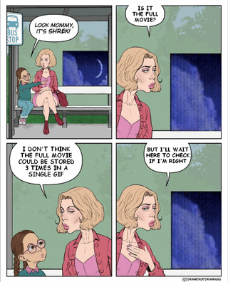 A multi-panel animated comic strip depicting a mother and child sitting on a bus labeled 'BUS 107'. The child, wearing a green shirt and glasses, excitedly points at a screen and exclaims, 'LOOK MOMMY IT'S SHREK!'. The mother, with blonde hair, a pink top, and red jacket, responds skeptically, asking 'IS IT THE FULL MOVIE?' and later musing, 'I DON'T THINK THE FULL MOVIE COSTS $15 AND TAKES 3 TIMES IN A SINGLE GIF' while adding, 'BUT I'LL WAIT HERE TO CHECK IF I'M WRONG'. The bus screen alternates between black, a Shrek DVD cover, a castle scene, and a forest scene, creating the illusion of an animated GIF. The comic humorously mocks the idea of compressing a full-length movie into a single GIF.