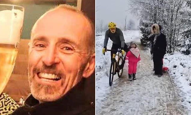 This image is a two-panel collage depicting a controversial real-life incident. The left panel shows a close-up of a middle-aged man (a cycling club president) with a forced, awkward smile, seated next to a glass of beer. The right panel captures the incident scene on a snowy, icy path: the same man on a road bicycle is positioned extremely close to a 5-year-old girl in a pink snowsuit, with her father standing nearby. The incident involved the cyclist knocking the girl to the ground, then publicly blaming her for failing to move out of his way, and complaining that the father posting video of the incident made him look 'very bad' publicly.