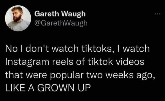 This is a screenshot of a public tweet from X (formerly Twitter) user Gareth Waugh. The content is a sarcastic joke mocking people who claim they do not use TikTok, but instead consume the exact same TikTok content reposted as Instagram Reels that are already two weeks out of date, framing this arbitrary platform distinction as a marker of being a mature adult. The joke highlights how much short-form content is reposted across platforms, making the supposed difference between user bases of the two apps largely meaningless.