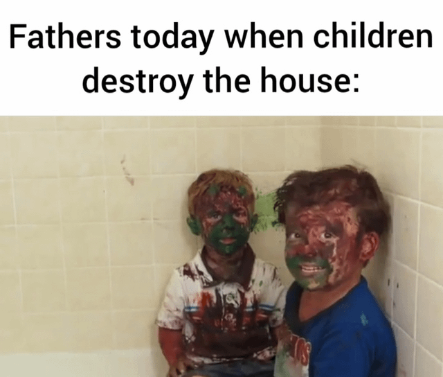 This is a relatable parenting meme that jokes about changing parenting norms across generations. The top text sets up the premise "Fathers today when children destroy the house:", followed by a photo of two young boys sitting in a bathroom corner, completely covered from head to clothes in red and green paint after making a huge mess. The joke implies modern fathers react to child-led chaos by just documenting the mess instead of getting angry or punishing kids, which aligns with the original theme "Different times, different customs" that contrasts modern and older parenting approaches.