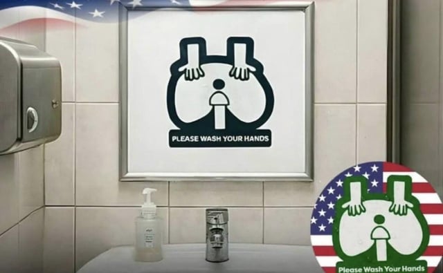 This meme shows a public restroom with a framed hand-washing reminder sign above the sink. The sign's graphic design accidentally creates a suggestive image that looks like human buttocks with two hands resting on the cheeks, paired with the text 'PLEASE WASH YOUR HANDS'. A second circular version of the sign overlaid on an American flag background is added in the bottom right corner. The humor comes from the unintended inappropriate visual of a mundane public health reminder sign.