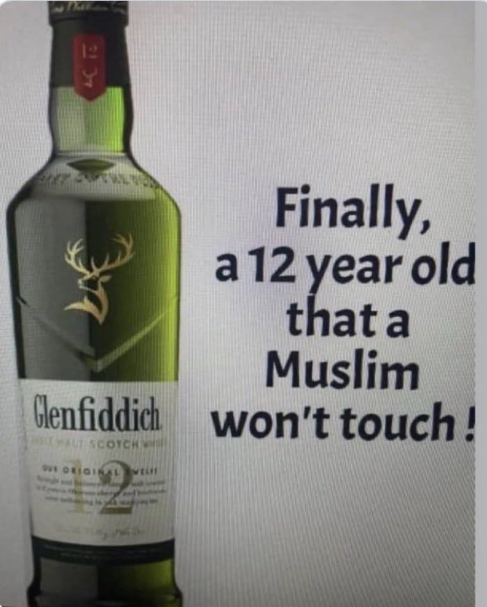 This single-panel meme displays a bottle of Glenfiddich 12 Year Single Malt Scotch Whiskey on the left, paired with bold black text on a plain white background to the right. The joke relies on a double meaning of the phrase '12 year old': one refers to the 12-year-aged whiskey shown in the image, while the other references underage 12-year-old people. The dark satirical humor plays on a common harmful stereotype that Muslim men marry underage girls, contrasting that stereotype with the Islamic religious prohibition on alcohol consumption, noting that observant Muslim people following halal rules will not consume the 12-year-aged whiskey.