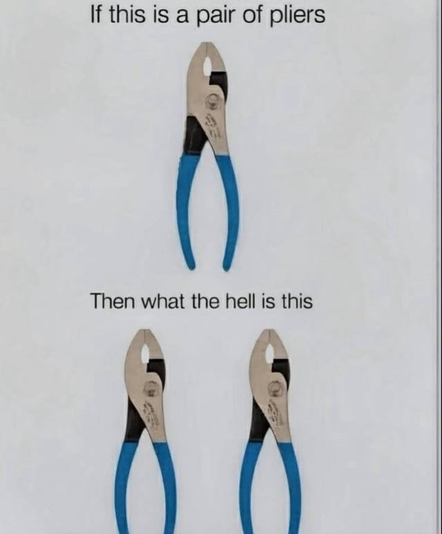 This meme presents a silly logical wordplay joke based on a quirk of English terminology for tools. The top section shows a single standard blue-handled pliers with the text 'If this is a pair of pliers' written above it. The bottom section shows two identical pliers placed side by side, with the text 'Then what the hell is this' above them. The humor comes from the fact that a single pliers tool is grammatically referred to as a 'pair of pliers', creating an absurd logical question when applying the naming convention to two of the tools, as the phrase for a single unit already uses the word 'pair'.