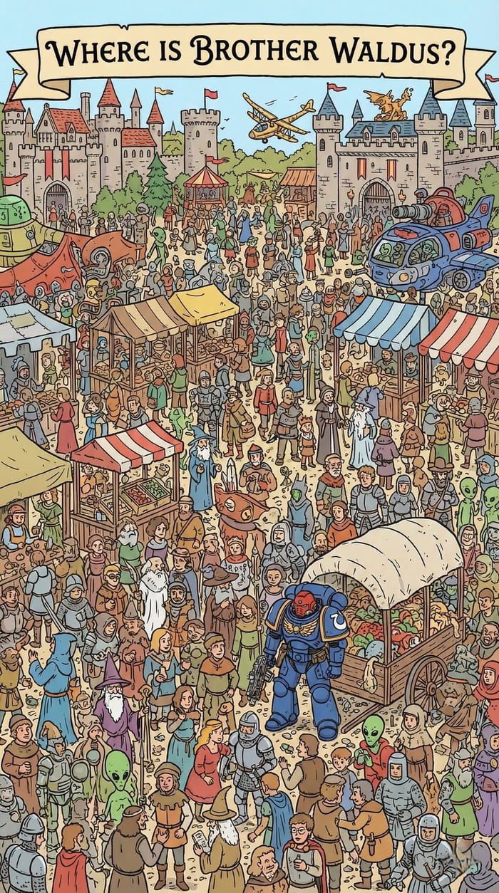 A detailed, colorful illustration depicting a bustling medieval marketplace with numerous villagers, knights, merchants, and market stalls. The scene features anachronistic elements including a blue futuristic vehicle, a yellow airplane in the sky, green alien-like figures, and a large blue armored sci-fi warrior, creating a whimsical blend of medieval and futuristic themes. The title 'Where Is Brother Waldus?' at the top suggests a scavenger hunt premise, inviting viewers to locate the hidden character 'Brother Waldus' among the crowd.