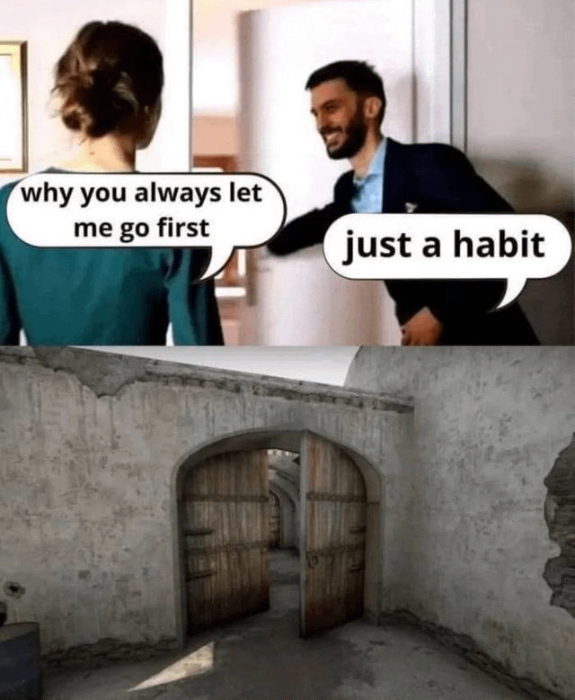 This is a two-panel dark humor meme. The first panel shows a smiling bearded man in a suit holding a door open for a woman whose back faces the viewer. The woman asks 'why you always let me go first', and the man responds 'just a habit', making his behavior appear to be polite, chivalrous social etiquette. The second panel reveals the dark punchline, showing a row of open, weathered concrete cell doors referencing widely recognized visuals of execution sites from ISIS propaganda clips, implying the man's habit of letting others go first comes from past experience as an executioner leading victims to their deaths.