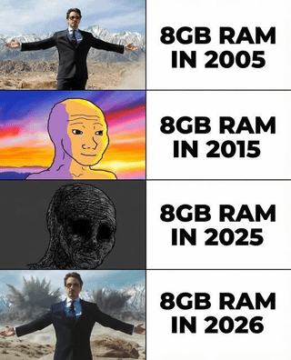 A vertical 4-panel meme depicting the perceived value of 8GB RAM across different years. Panel 1 (2005): A man in a suit with arms outstretched, appearing triumphant. Panel 2 (2015): A neutral-looking animated character. Panel 3 (2025): A skeleton, implying obsolescence. Panel 4 (2026): The same suit man from 2005, suggesting a humorous reversal or unexpected relevance. Each panel has the text '8GB RAM IN [YEAR]' overlaid.