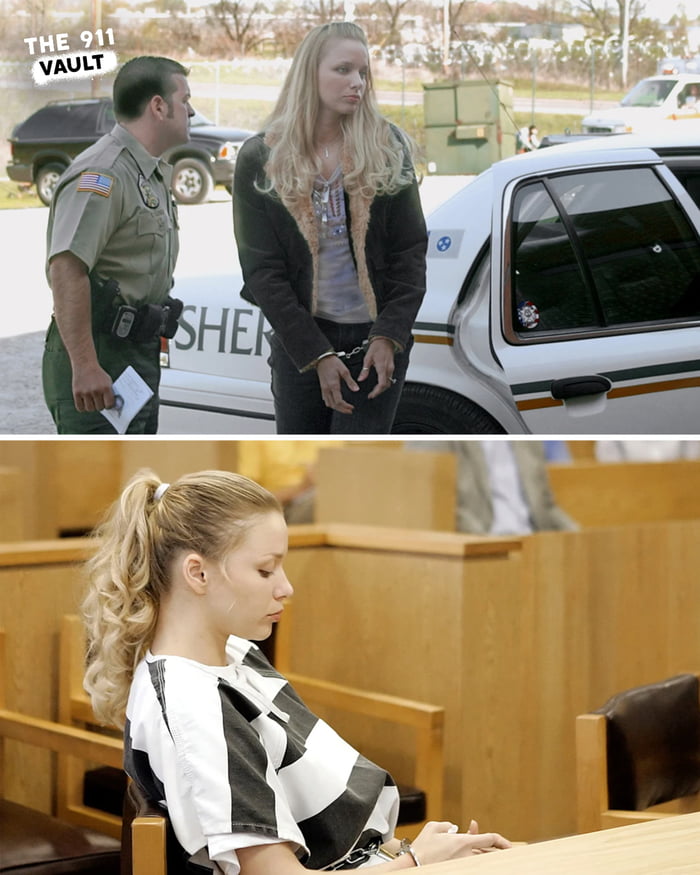 This is a two-panel collage of real photographs of Pamela Rogers, a former Alabama gym teacher. The top panel captures Rogers in handcuffs being escorted by a uniformed sheriff's officer next to a marked sheriff's vehicle at an outdoor location, likely during her arrest. The bottom panel shows Rogers seated in a courtroom, wearing a black and white striped jail uniform and handcuffs, looking down toward the table in front of her during her legal proceedings. The accompanying context notes that 27-year-old Rogers was convicted in 2007 of having a sexual relationship including intercourse with her 13-year-old student; she was initially sentenced to 11 months in jail, but was returned to prison after violating the terms of her release by contacting the underage victim again via text messages and social media.