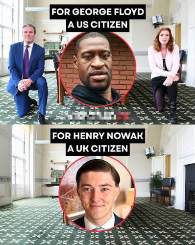 This two-panel collage meme calls out an alleged double standard among senior UK Labour Party politicians. The top panel shows party leader Keir Starmer and deputy leader Angela Rayner kneeling in an office space, paired with text that reads 'FOR GEORGE FLOYD A US CITIZEN' and an inset portrait of George Floyd, an American man killed by police in 2020 that led to global anti-racism protests. The bottom panel shows the same room, now empty of the two politicians, paired with text that reads 'FOR HENRY NOWAK A UK CITIZEN' and an inset portrait of Henry Nowak, a British military veteran killed in a 2024 attack by an undocumented migrant. The meme implies that the politicians made a high-profile public show of solidarity for a foreign national's death, but declined to do the same for a UK citizen killed under similarly controversial circumstances.