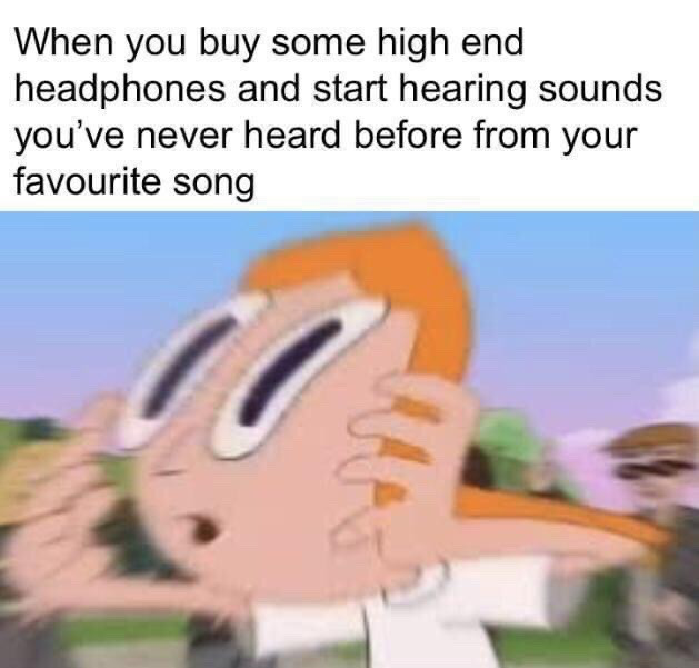 The meme consists of two parts: top text explaining the relatable scenario of purchasing high-end headphones and discovering previously unheard audio details in a favorite familiar song, paired below with a heavily motion-blurred image of Candace Flynn from the animated series Phineas and Ferb holding her hands to her face with extremely wide, shocked eyes. The blurred visual exaggerates the feeling of overwhelming awe and surprise at the new audio experience.