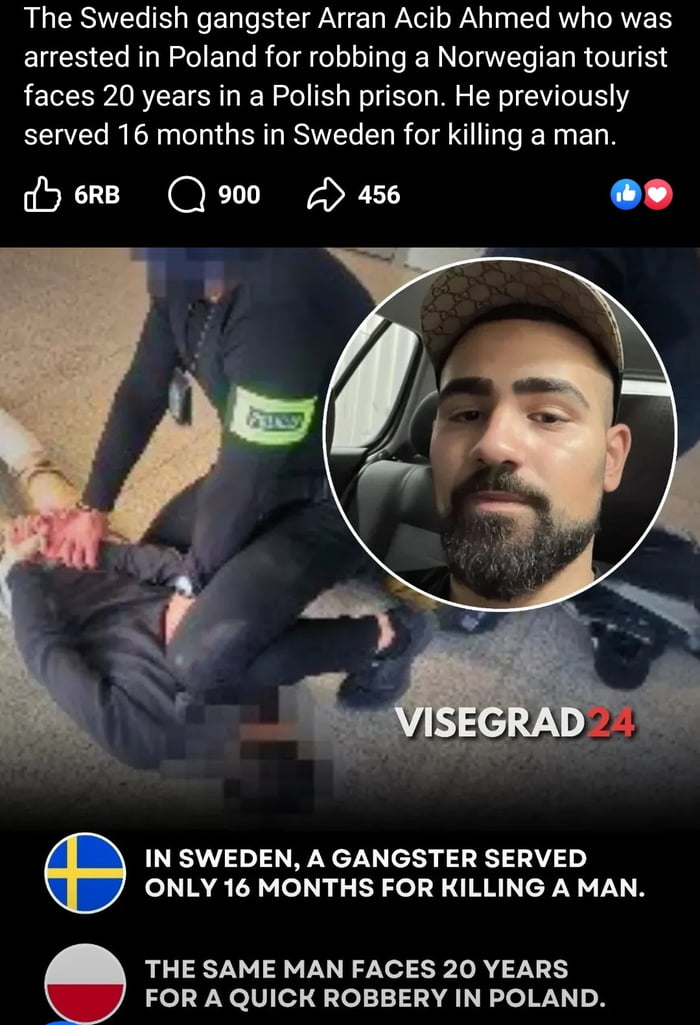 This is a news meme shared on 9Gag with the sarcastic title "My fellow viking, the tusken raiders all over the place", where "viking" is used as a tongue-in-cheek reference to Swedish people, and "tusken raiders" (a violent fictional alien species from Star Wars) refers to dangerous domestic criminals. The graphic reports on Swedish gangster Arran Acib Ahmed, highlighting the stark difference in his criminal sentencing across two countries: he only served 16 months in prison in Sweden for committing murder, but now faces 20 years in prison in Poland for robbing a Norwegian tourist. The visual includes footage of Ahmed being arrested by police, a circular inset headshot of Ahmed, Swedish and Polish national flags paired with text noting the sentencing difference, social media interaction counters (6,000 likes, 900 comments, 456 shares) at the top, and a Visegrad24 watermark.