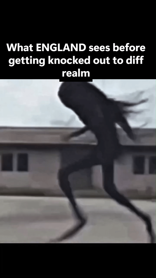 This meme displays a blurry, tall, dark humanoid monster running quickly toward the viewer, with overlaid text at the top reading 'What ENGLAND sees before getting knocked out to diff realm'. The joke relies on two layers: first, a pun on Norwegian professional footballer Erling Haaland's name, which phonetically matches repeated laughter 'ha ha ha ha', as referenced in the original post title 'ha ha ha haaland'. Second, it jokes that Haaland is such an intimidating, dominant, and skilled player that the England national football team perceives him as a terrifying, otherworldly monster that will defeat them so badly they are sent to a 'diff (difficult/another level) realm' when they face him in matches.