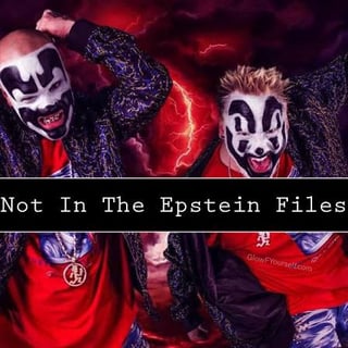 The meme features two individuals wearing distinctive clown makeup with white faces, black markings around the eyes and mouths, and red noses. They are dressed in black and red clothing and appear to be posing aggressively with their hands raised. The background is dark red with lightning effects, creating a dramatic atmosphere. A bold black text overlay at the bottom reads 'Not In The Epstein Files,' referencing the widely discussed Jeffrey Epstein associates list. The humor stems from the unexpected contrast between the individuals' menacing appearance and the implication that they are not connected to the controversial Epstein Files.