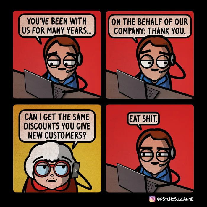 This is a 4-panel digital comic meme. Panel 1 shows a male customer support agent wearing a headset, sitting in front of a laptop, saying "YOU'VE BEEN WITH US FOR MANY YEARS..." to a customer. Panel 2 continues with the agent saying "ON THE BEHALF OF OUR COMPANY: THANK YOU.". Panel 3 cuts to an elderly female customer holding a mobile phone, asking the agent "CAN I GET THE SAME DISCOUNTS YOU GIVE NEW CUSTOMERS?". Panel 4 shows the agent responding dismissively and rudely with "EAT SHIT.". The joke highlights the widely relatable real-world frustration that most companies prioritize offering better discounts and perks to attract new customers, while offering no benefits and even being hostile to long-term loyal existing customers who ask for equal treatment.