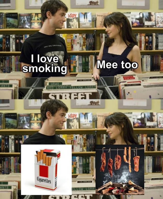 This is a two-panel comedic meme using the iconic record store interaction scene from the 2009 film *500 Days of Summer*. The first panel shows the two lead characters smiling at each other, with text over the male character reading 'I love smoking' and text over the female character replying 'Mee too'. The second panel reveals the pair are referring to completely different things: the man is referencing a standard pack of tobacco cigarettes, while the woman is referencing smoking/cooking meat over an open fire. The joke relies on the double meaning of the word 'smoking', which can describe both inhaling tobacco smoke and the act of curing or cooking meat with smoke.