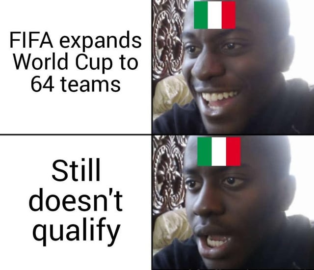 This is a two-panel comparative reaction meme. The top half displays text stating 'FIFA expands World Cup to 64 teams' next to a photo of a Black man with an Italian flag placed over his forehead, smiling excitedly, representing Italian football fans being hopeful their national team will finally qualify for the World Cup with more available slots. The bottom half displays text stating 'Still doesn't qualify' next to the same man with a shocked, disappointed expression, mocking the Italian men's national football team's repeated failures to qualify for recent World Cup tournaments even as the total number of participating teams increases, referencing the common Italian exclamation of frustration 'Mamma Mia' from the original post title.