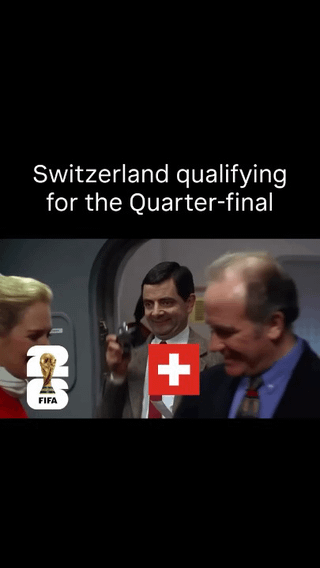 This meme uses a classic scene from the British comedy series *Mr. Bean* to joke about Switzerland qualifying for the FIFA World Cup quarter-finals. White text at the top of the image states 'Switzerland qualifying for the Quarter-final'. The scene shows Mr. Bean (Rowan Atkinson) standing holding a gun with a smug, mischievous expression, with the flag of Switzerland edited over his chest to represent the Swiss national football team. The 2026 FIFA World Cup logo is placed in the lower left corner next to a female flight attendant character, while an older male passenger stands in the foreground looking awkward, implying that Switzerland has aggressively or unexpectedly secured their spot in the quarter-finals, leaning into the comedic tension of the original Mr. Bean scene.