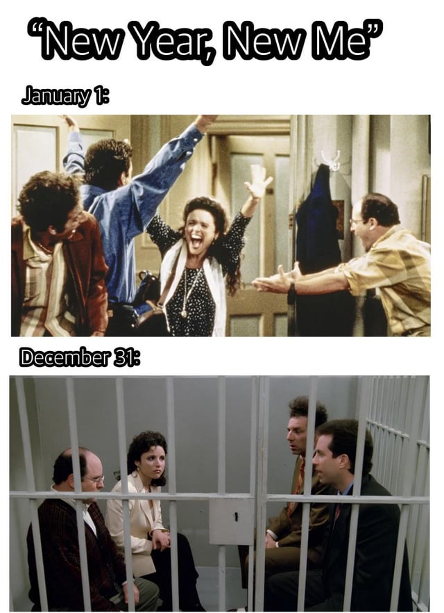 A two-panel comparison meme titled 'New Year, New Me' contrasting the optimism of New Year's resolutions with their often underwhelming outcomes. The top panel, labeled 'January 1:', features characters from the TV show Seinfeld (Jerry, George, Elaine, Kramer) celebrating joyfully with raised arms and excited expressions. The bottom panel, labeled 'December 31:', shows the same characters sitting dejectedly in a jail cell, looking resigned and disappointed. The meme humorously subverts the common 'New Year, New Me' trope by depicting the stark contrast between initial enthusiasm and eventual reality.