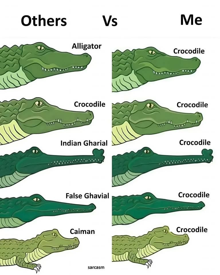 The meme uses a side-by-side two-column comparison format, labeled 'Others' on the left and 'Me' on the right, separated by a 'Vs' header. The left column correctly identifies 5 different types of crocodilians alongside their illustrated headshots: Alligator, Crocodile, Indian Gharial, False Ghavial, and Caiman. The right 'Me' column features the exact same set of 5 crocodilian illustrations, but every single one is labeled just 'Crocodile', humorously highlighting the common relatable experience where ordinary people without specialized animal knowledge cannot distinguish between different crocodilian species and refer to all of them simply as crocodiles. A small 'sarcasm' label is placed at the bottom center of the graphic.