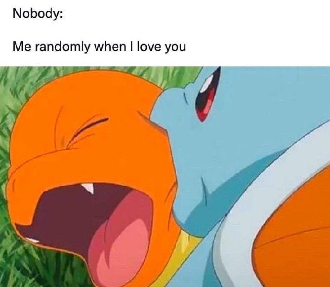 The meme combines a screenshot from the *Pokemon* animated series, where Squirtle appears to be leaning in to kiss a sleeping, yawning Charmander lying on grass, with the common "Nobody:" meme text format. The top text reads "Nobody:" followed by "Me randomly when I love you", humorously conveying the relatable feeling of wanting to spontaneously express affection to a loved one without any external prompting, represented by Squirtle's unprompted affectionate action towards the unsuspecting Charmander.