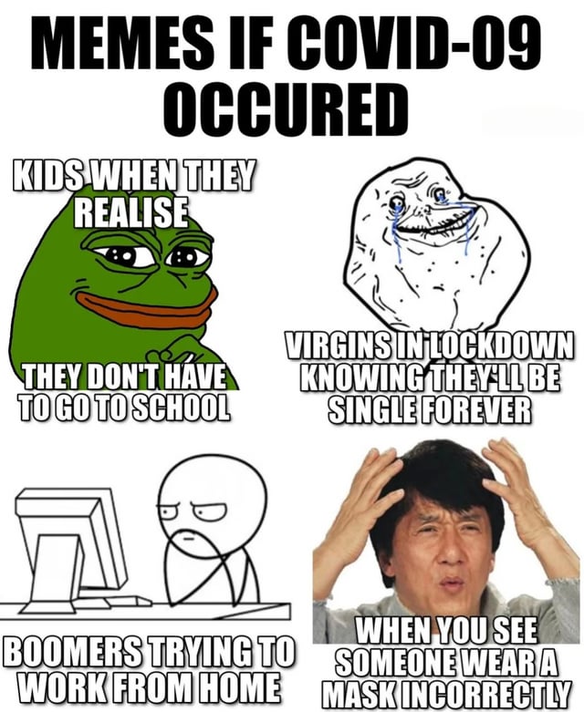 A four-panel collage meme titled 'MEMES IF COVID-09 OCCURED' that humorously imagines how different groups might have reacted to a 2009 COVID-19 outbreak using early 2010s internet meme formats. Top-left panel: Pepe the Frog with a smug expression, captioned 'KIDS WHEN THEY REALISE THEY DON'T HAVE TO GO TO SCHOOL'. Top-right panel: Virgin Wojak crying, captioned 'VIRGINS IN LOCKDOWN KNOWING THEY'LL BE SINGLE FOREVER'. Bottom-left panel: A frustrated stick figure at a computer, captioned 'BOOMERS TRYING TO WORK FROM HOME'. Bottom-right panel: Jackie Chan with hands on his head, captioned 'WHEN YOU SEE SOMEONE WEAR A MASK INCORRECTLY'.